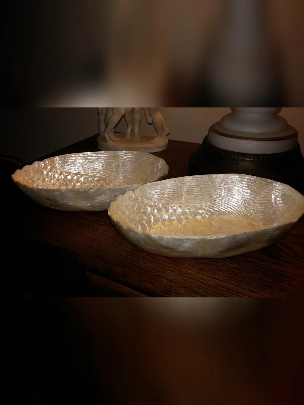 Antique Iridescent Nacre Oblong Bowls Intricate Corn Design Set of 2, 6 1/8